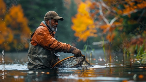 A fisherman with a beard wearing a cap and orange jacket uses a landing net in an autumn river with fall foliage in the background. photo