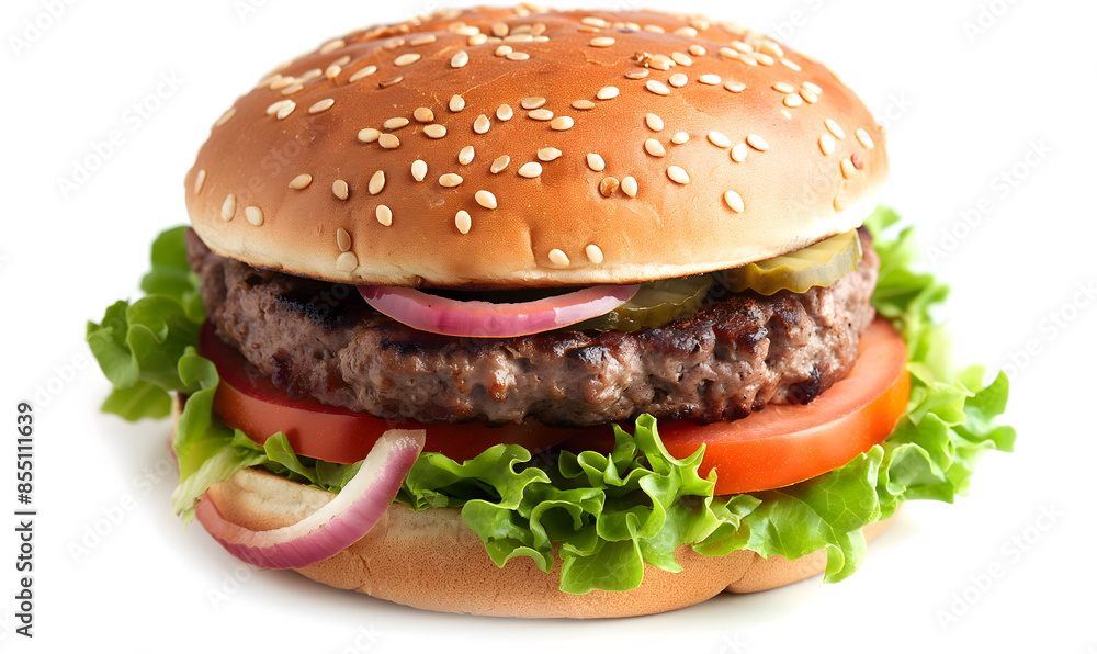 Classic Cheeseburger with Fresh Vegetables on a White Background Classic Cheeseburger with Fresh Vegetables on a White Background