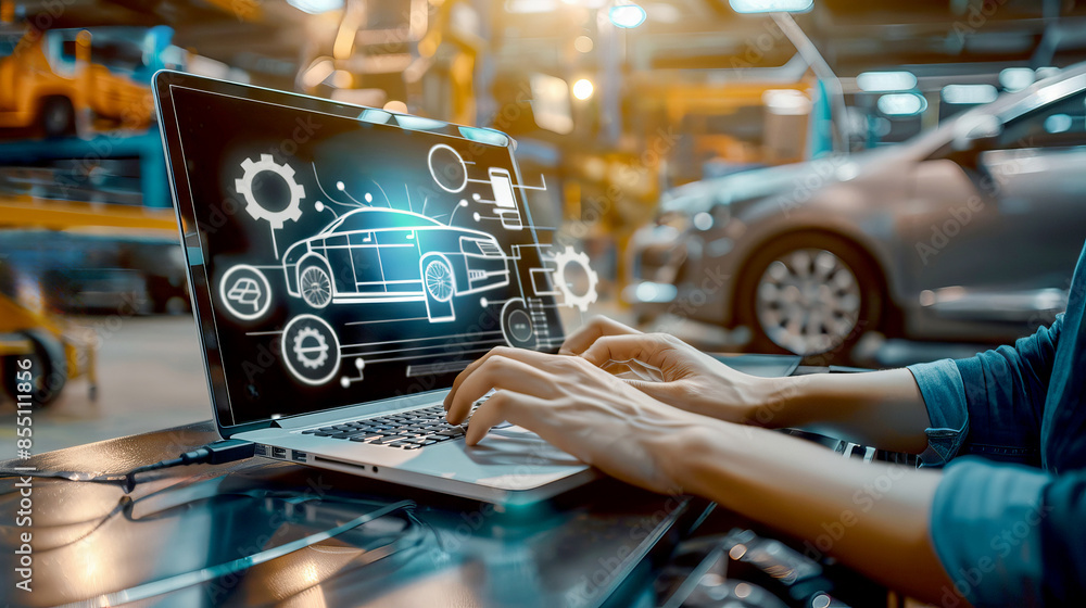close up of Car mechanic using computer laptop with icons on screen to diagnosing and to repair in garage close up of Car mechanic using computer laptop with icons on screen to diagnosing and to repair in garage
