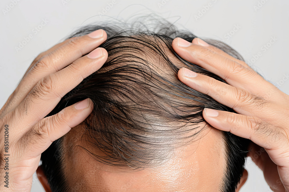 Naklejka premium close up of man checking his bald head with hands, Hair loss problem
