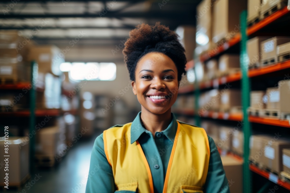 Portrait of a smiling African American female warehouse worker Portrait of a smiling African American female warehouse worker