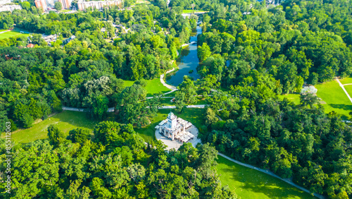A stunning aerial view of Park Maksimir in Zagreb, showcasing its vast greenery, beautiful lakes, and winding paths. This historic park is a serene oasis in the heart of the city, perfect for relax