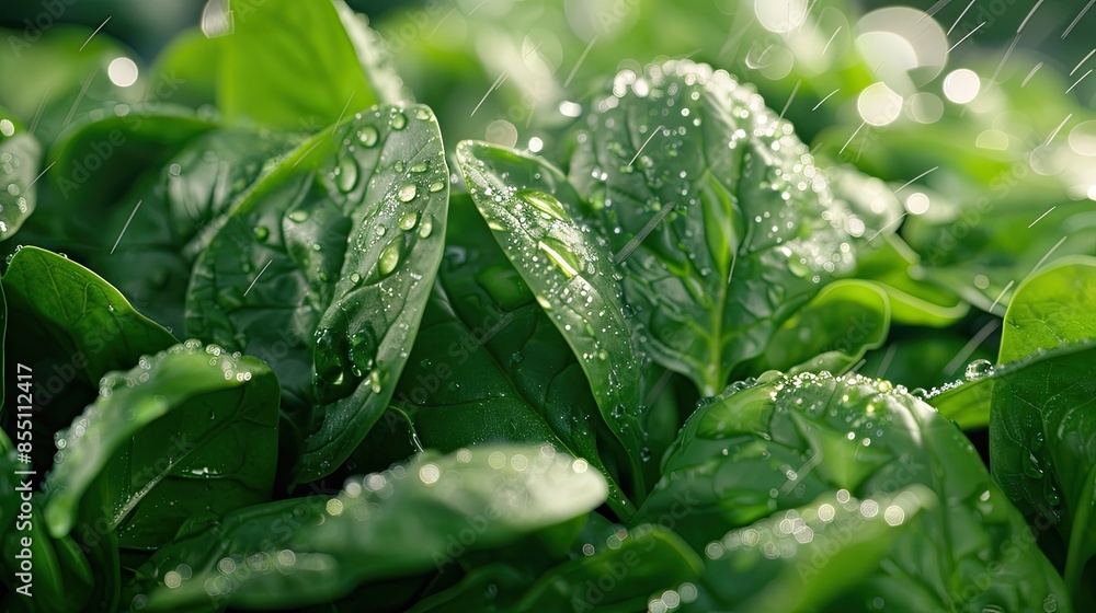 Close-up of fresh, dewy spinach leaves in a bunch Close-up of fresh, dewy spinach leaves in a bunch