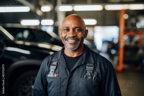 Portrait of a smiling middle aged African American male car mechanic