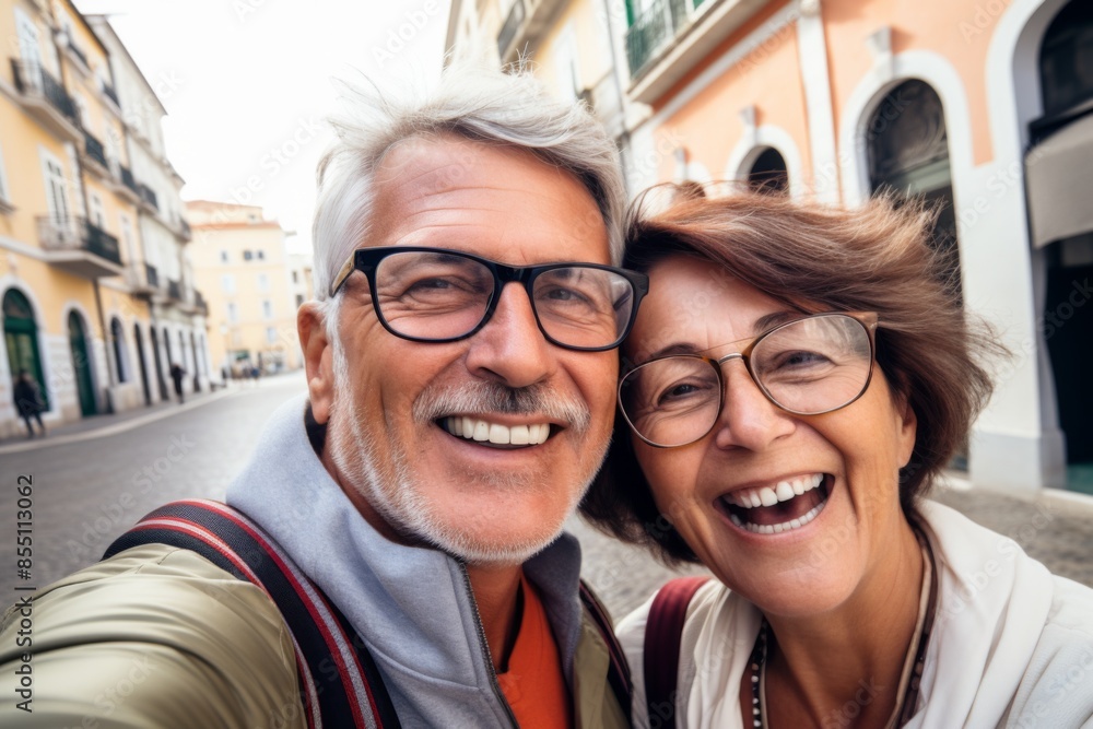 Happy senior couple taking a selfie on a winter vacation