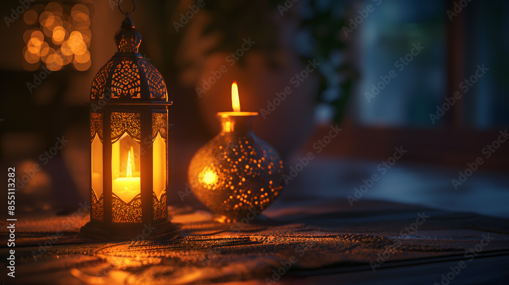 Enchanting Ramadan Night with Illuminated Lanterns and Hanging Stars Enchanting Ramadan Night with Illuminated Lanterns and Hanging Stars