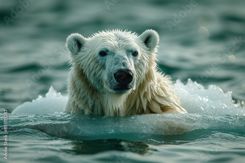 Polar bear swimming in Arctic waters amid icebergs