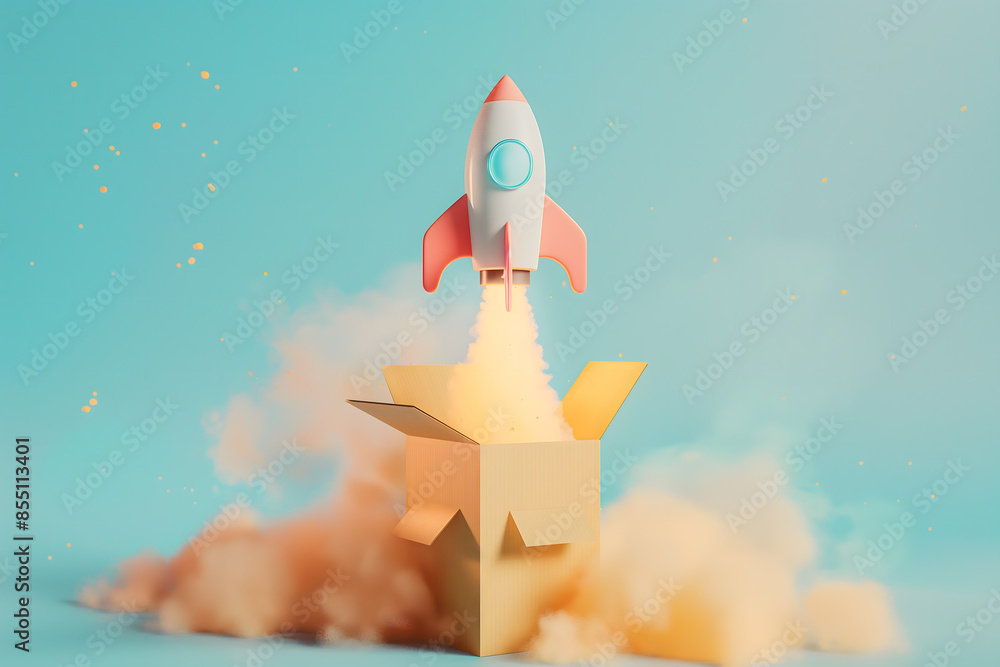 Fototapeta premium Liftoff of a Cartoon Rocket amidst Colorful Spheres against a Teal Background