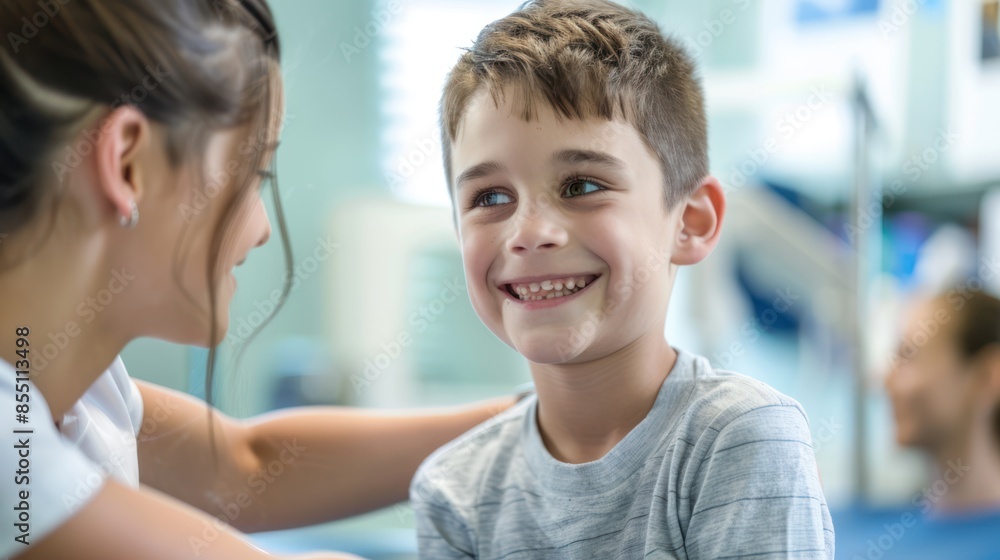 Fototapeta premium Physical Therapy Triumph: Capture the scene in a physical therapy session where the young boy beams with pride while looking at his muscle, encouraged by the female therapist. 