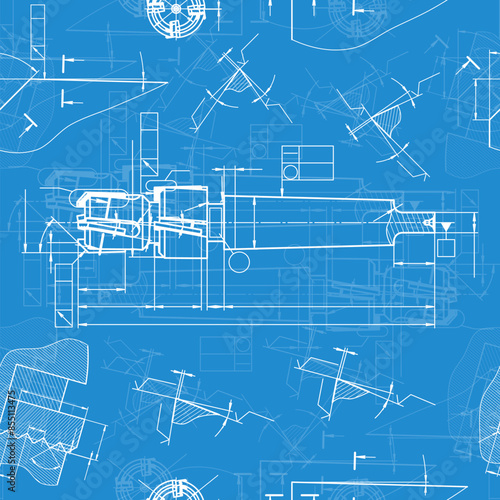 Mechanical engineering drawings on blue background. Tap tools, borer. Technical Design. Cover. Blueprint. Seamless pattern. Vector illustration.