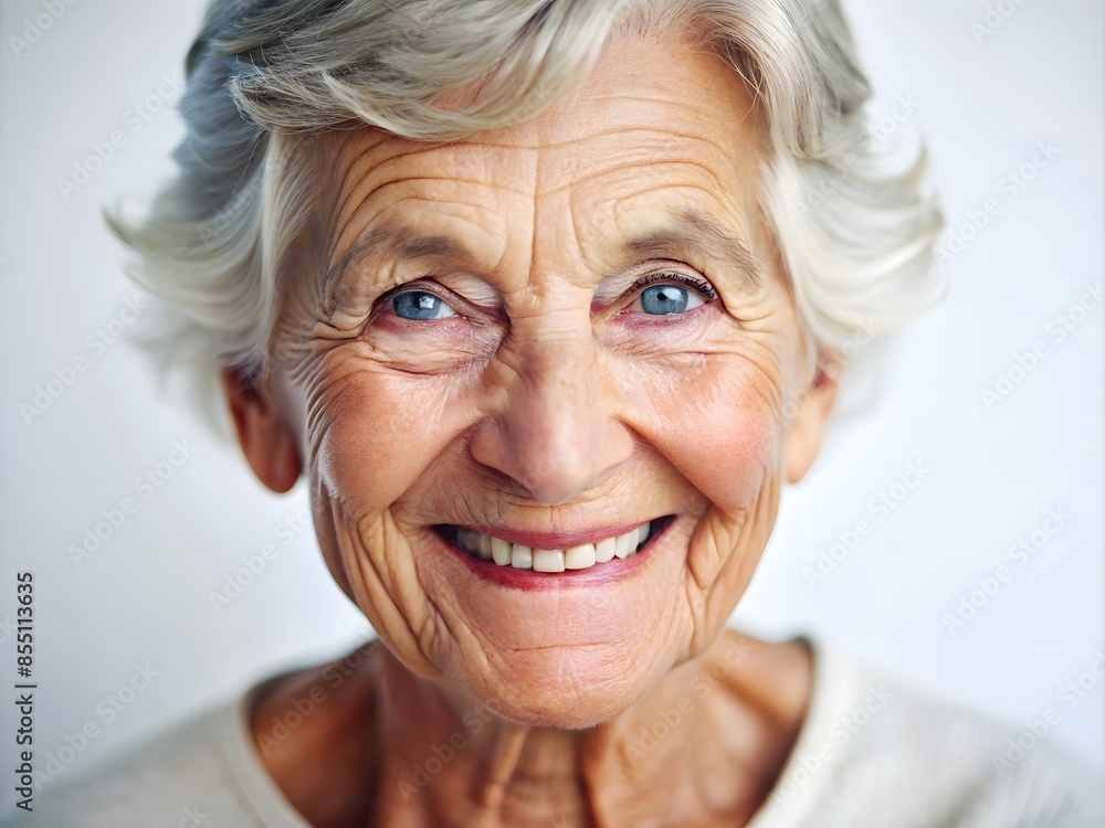 Portrait Of A Happy Elderly Woman With Blue Eyes And A Warm Smile. Portrait Of A Happy Elderly Woman With Blue Eyes And A Warm Smile.