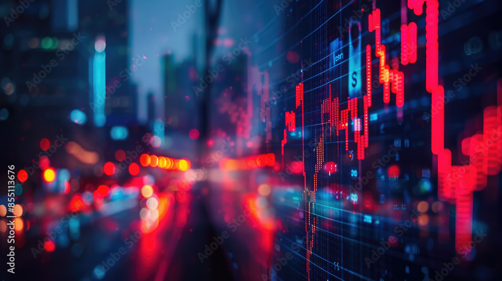 Fototapeta premium Stock market charts glowing on blurred background. Financial graph diagram for stock market analysis, investment, and trading. Economic growth concept for business, finance, crypto currency