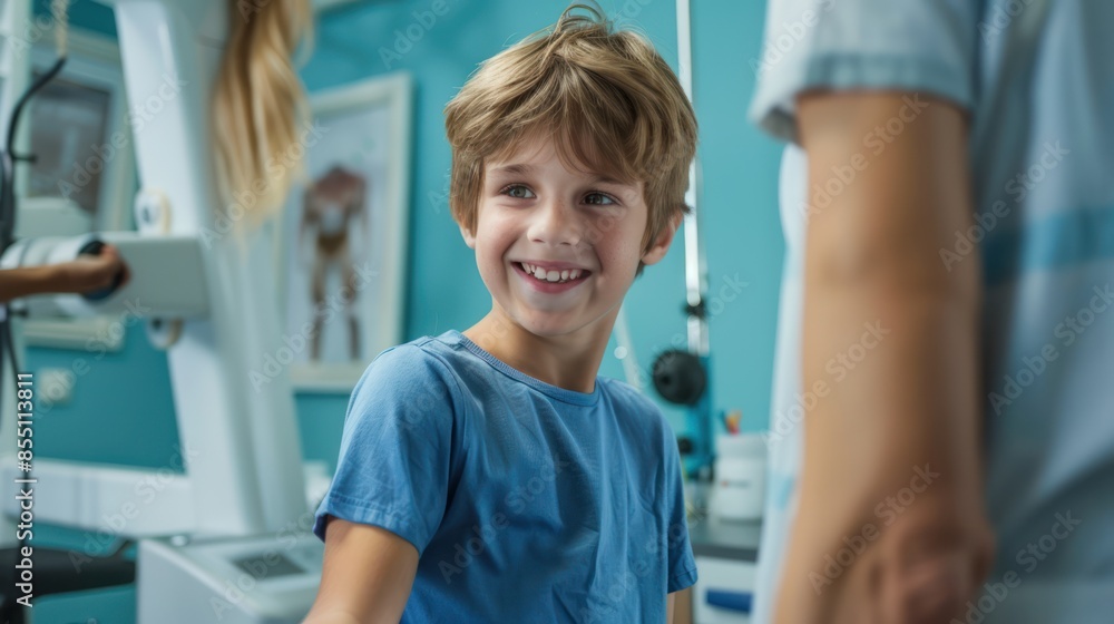 Fototapeta premium Rehabilitation Rejoice: Capture the young boy's smile of achievement during a rehabilitation session as he looks at his muscle, with the supportive female doctor observing his progress. 