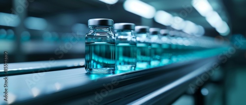 Glass vials with teal liquid moving along a conveyor belt, silver caps under bright industrial lights, highlighting the systematic and pristine atmosphere of pharma production