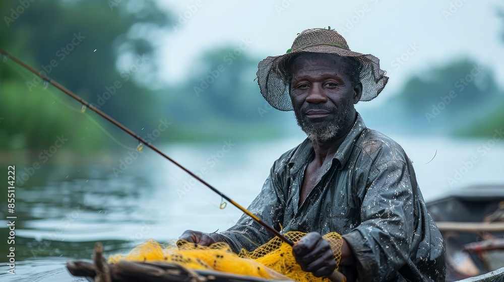 A man wearing a hat sits in a small wooden boat with a fishing rod in his hand. He holds a net filled with fish. A man wearing a hat sits in a small wooden boat with a fishing rod in his hand. He holds a net filled with fish.