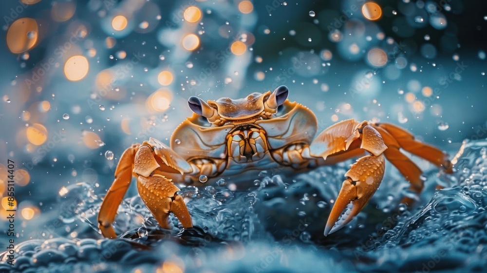 Vibrant Crab in Ocean Waves at Sunset - Close-up of a vibrant crab amidst splashing ocean waves during a stunning sunset, capturing the beauty and motion of the scene. Vibrant Crab in Ocean Waves at Sunset - Close-up of a vibrant crab amidst splashing ocean waves during a stunning sunset, capturing the beauty and motion of the scene.