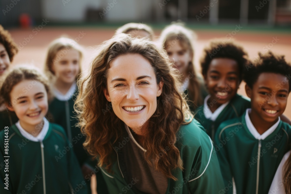 Smiling portrait of a female soccer coach with her team on field Smiling portrait of a female soccer coach with her team on field