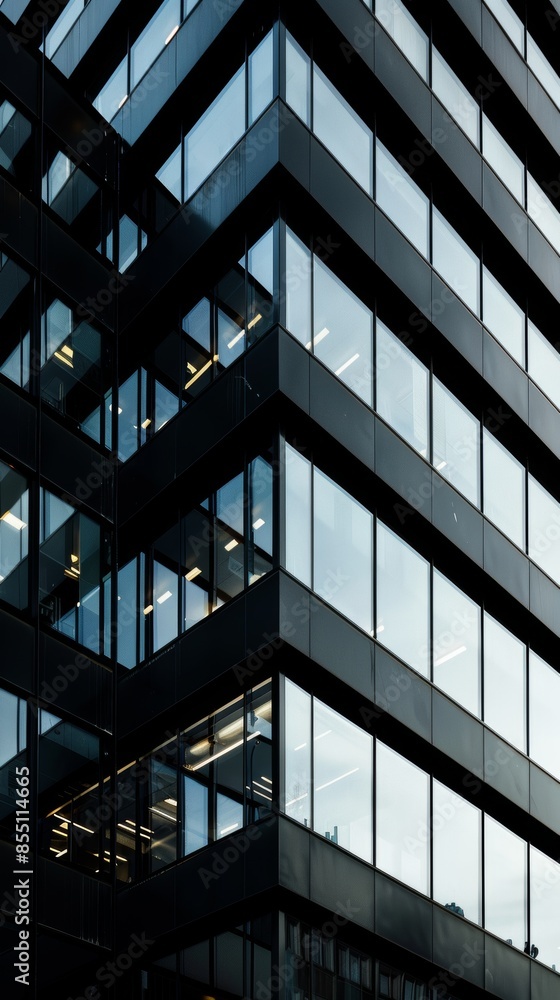 Modern office building exterior with reflective glass windows and sharp angles under daylight, capturing urban architecture and contemporary design Modern office building exterior with reflective glass windows and sharp angles under daylight, capturing urban architecture and contemporary design