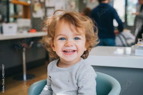 Smiling portrait of a 3 year old patient at dentist office