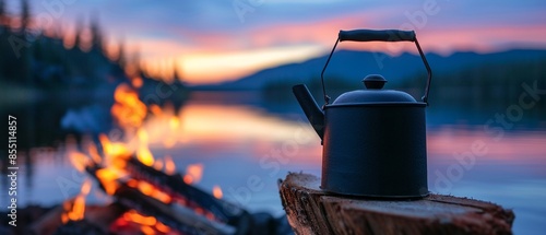 Black kettle over a glowing campfire by a lake at sunset, serene water and colorful sky reflecting the peaceful camping experience, warm and inviting photo