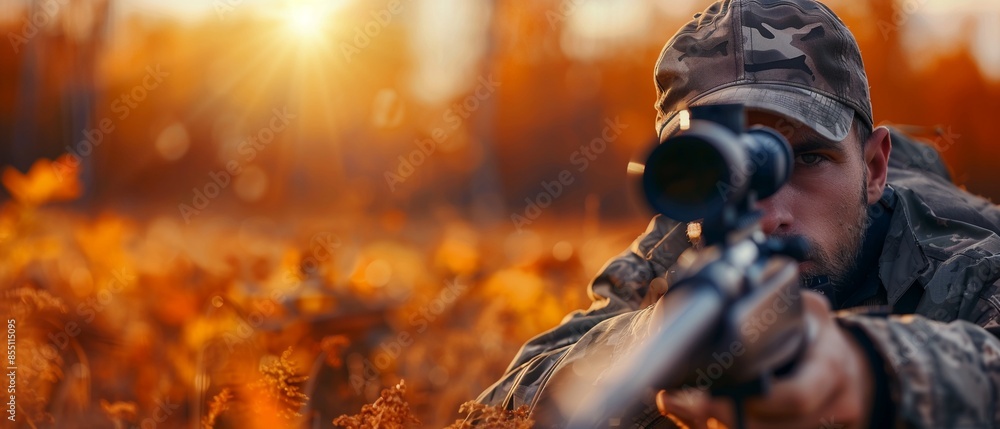 Hunter in fall foliage, camouflaged and holding a rifle, crouched and alert in a sunlit field, capturing the intensity and natural setting of hunting, clear and focused Hunter in fall foliage, camouflaged and holding a rifle, crouched and alert in a sunlit field, capturing the intensity and natural setting of hunting, clear and focused