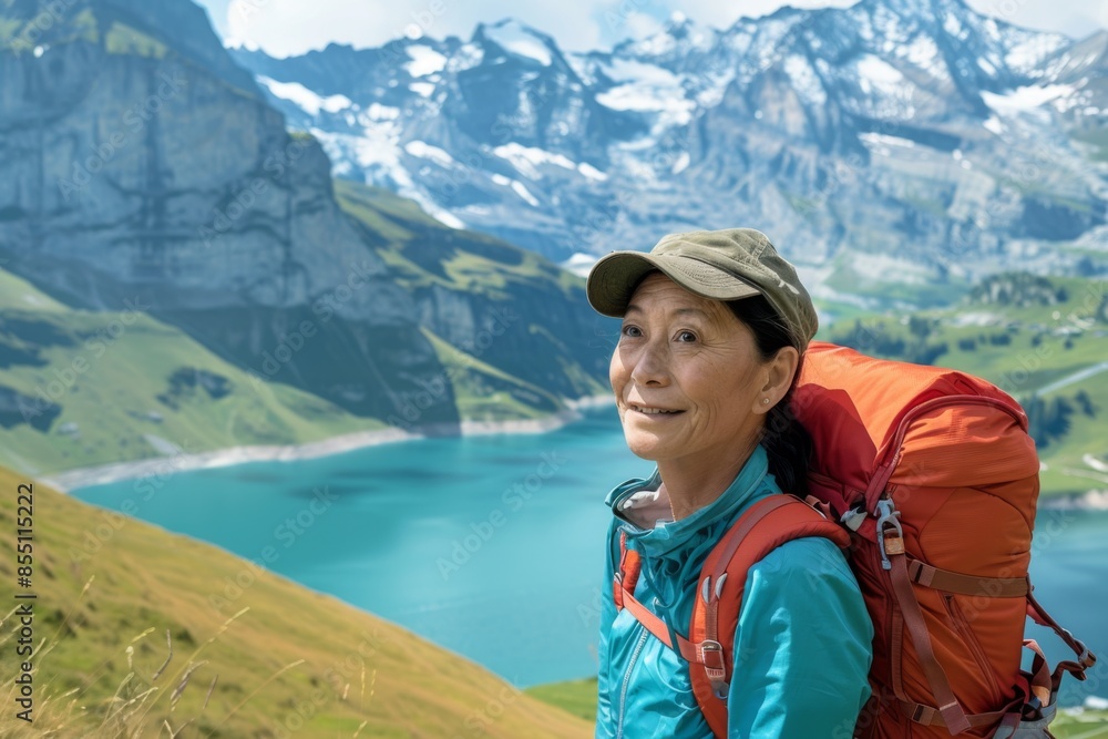 Naklejka premium Middle aged woman hiking in the swiss alps