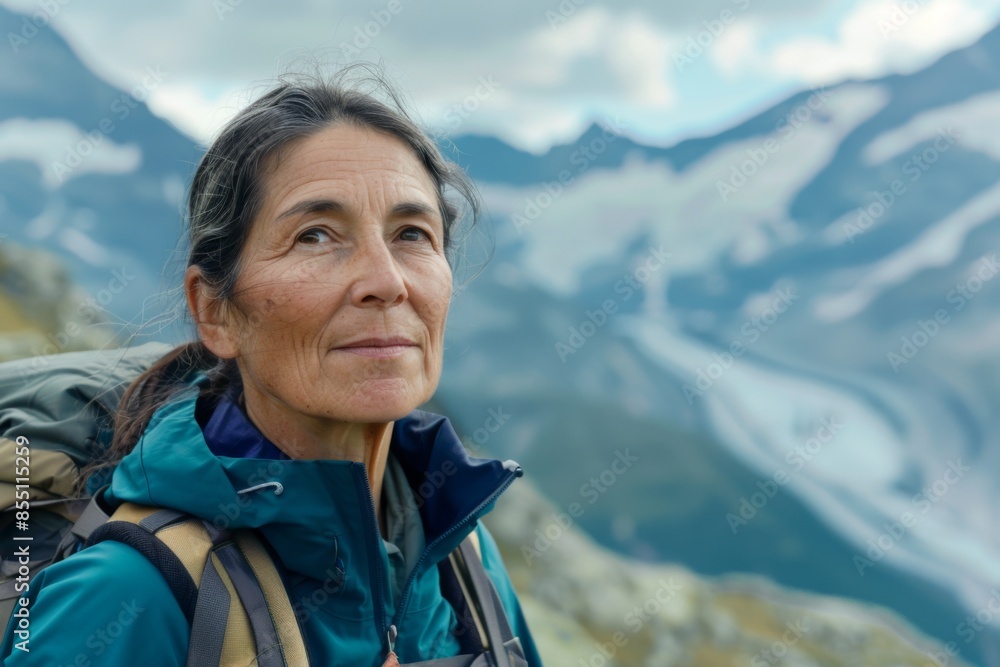 Middle aged woman hiking in the swiss alps Middle aged woman hiking in the swiss alps