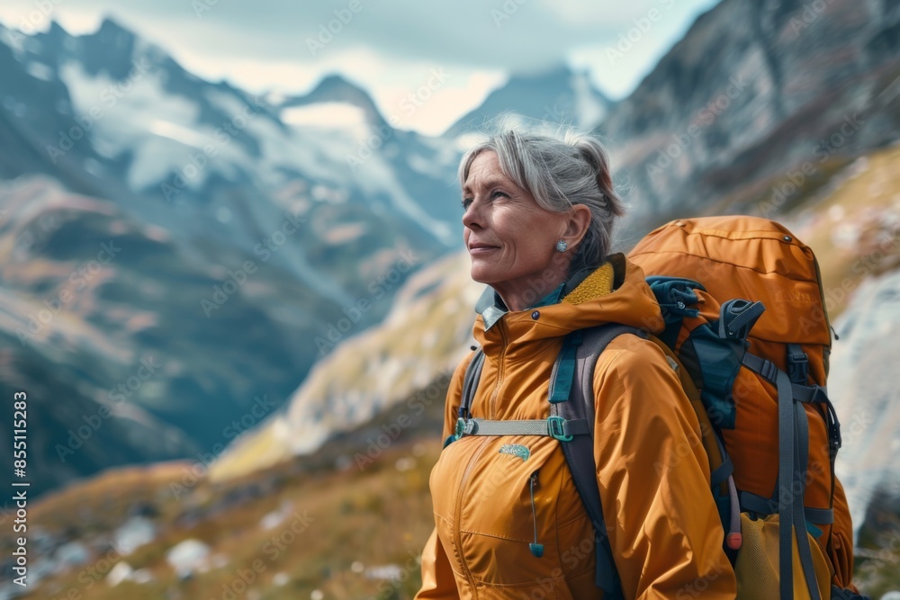 Middle aged woman hiking in the swiss alps Middle aged woman hiking in the swiss alps