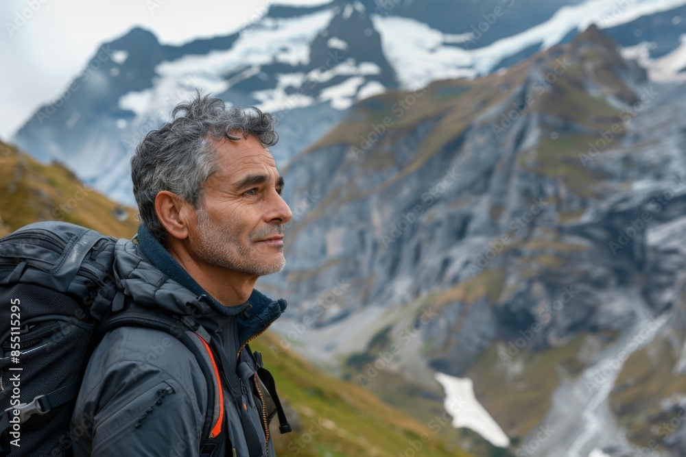 Middle aged man hiking in the swiss alps Middle aged man hiking in the swiss alps