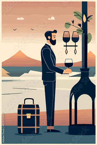 Explore the charm of European architecture and wine with this vibrant poster. Featuring iconic French vineyards, wine bottles, glasses, and a sommelier, perfect for celebrating wine festivals and prom