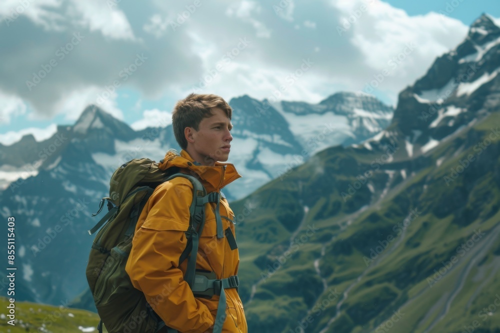 Young adult man hiking in the Swiss alps Young adult man hiking in the Swiss alps