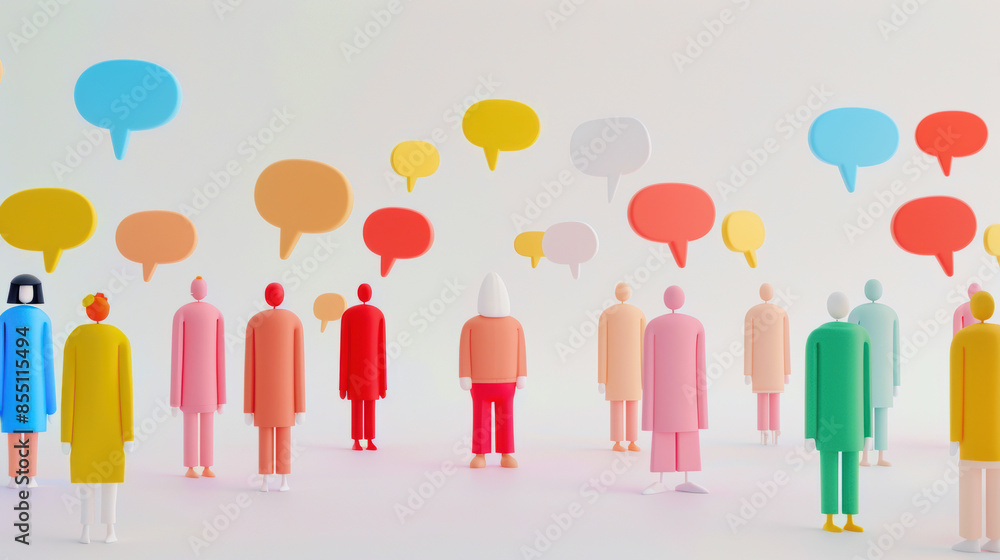 3d illustration depicting a large group of diverse people standing on different levels and chatting with speech bubbles above their heads 3d illustration depicting a large group of diverse people standing on different levels and chatting with speech bubbles above their heads