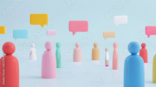 3d illustration depicting a large group of diverse people standing on different levels and chatting with speech bubbles above their heads