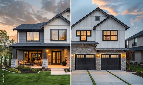 Modern Two-Story House With Stone Accents and Garage at Dusk