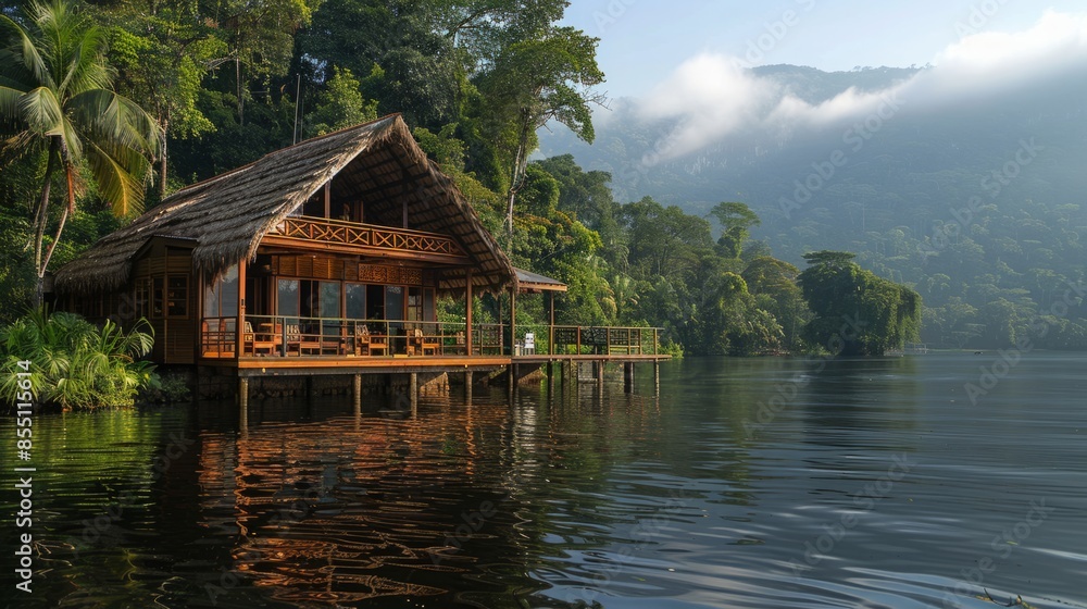 A wooden cabin sits on stilts over the water in a tranquil jungle setting. A wooden cabin sits on stilts over the water in a tranquil jungle setting.