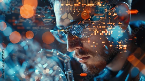 Portrait of a young male looking at a circuit board with a futuristic concept. photo