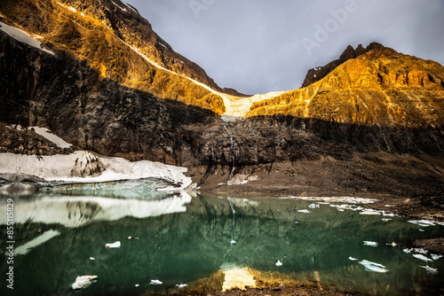 Edith Cavell Mountain and Angel glacier lake at sunrise, Jasper National Park, Alberta, Canada photo