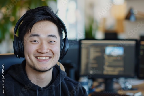 Portrait of a smiling young Asian male IT support technician