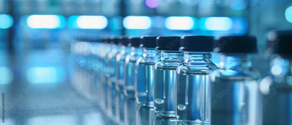 Row of clear glass vials with black caps on a production line, reflecting cool blue light, highlighting precision and sterility in a pharmaceutical setting Row of clear glass vials with black caps on a production line, reflecting cool blue light, highlighting precision and sterility in a pharmaceutical setting