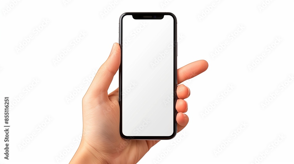 Hand Holding Smartphone with Blank White Screen on Minimalist Background: Concept for Mockups, Apps, and Digital Marketing in Clean White Space Hand Holding Smartphone with Blank White Screen on Minimalist Background: Concept for Mockups, Apps, and Digital Marketing in Clean White Space