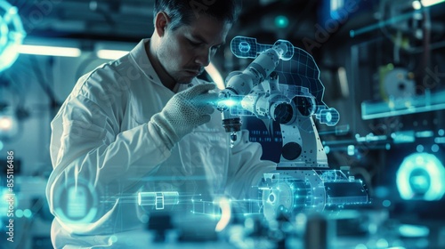 Scientist looking through microscope in futuristic laboratory.