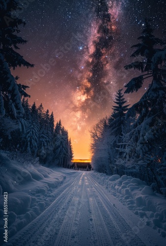 Snowy Forest Road at Sunset With Milky Way Visible