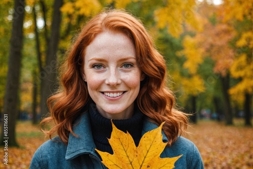 Portrait of happy redheaded woman holding autumn leaf