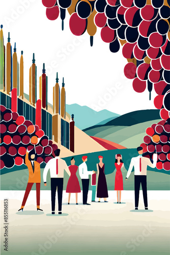 Explore the charm of European architecture and wine with this vibrant poster. Featuring iconic French vineyards, wine bottles, glasses, and a sommelier, perfect for celebrating wine festivals and prom