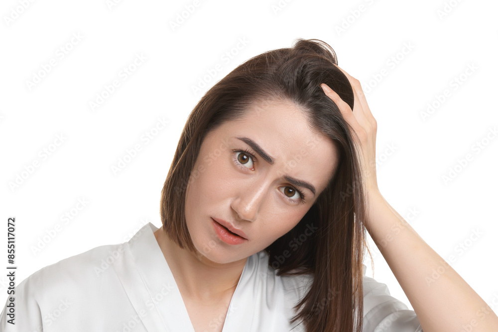 Stressed woman with hair loss problem on white background Stressed woman with hair loss problem on white background