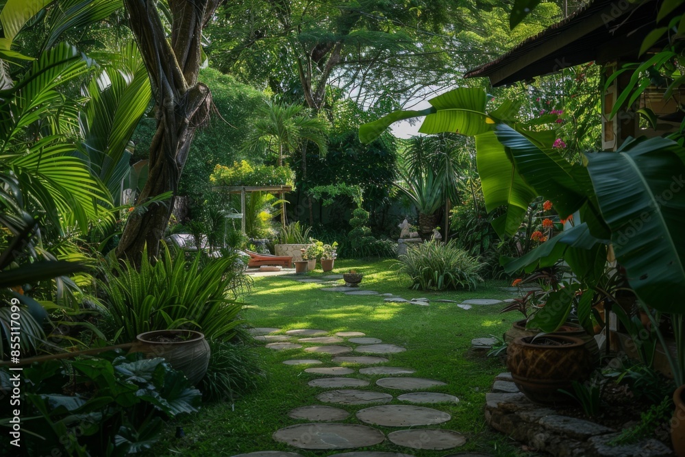 Beautiful landscaped backyard with lush garden Beautiful landscaped backyard with lush garden