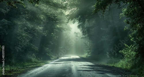 Sunbeams Through A Forest Road In The Early Morning Mist