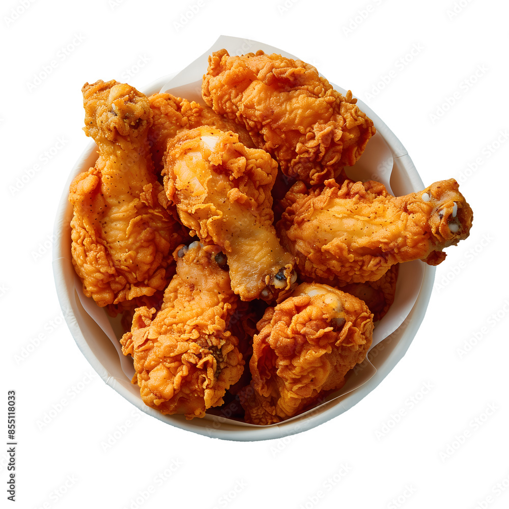 Fried chicken in paper bucket isolated on transparent background, clipping path Fried chicken in paper bucket isolated on transparent background, clipping path