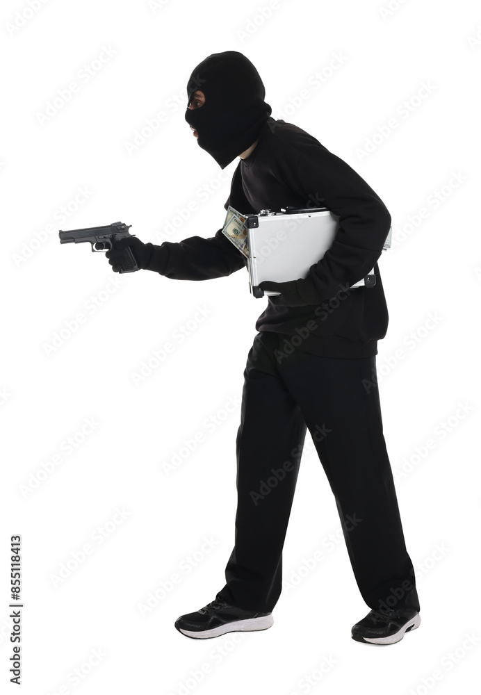 Thief in balaclava with gun and briefcase of money on white background Thief in balaclava with gun and briefcase of money on white background