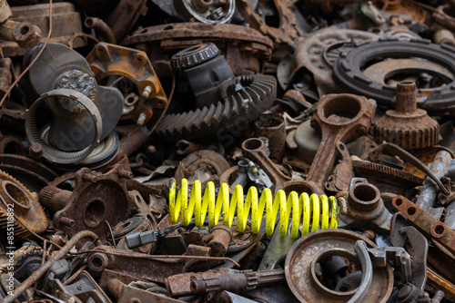 A pile of junk with a yellow spring in the middle